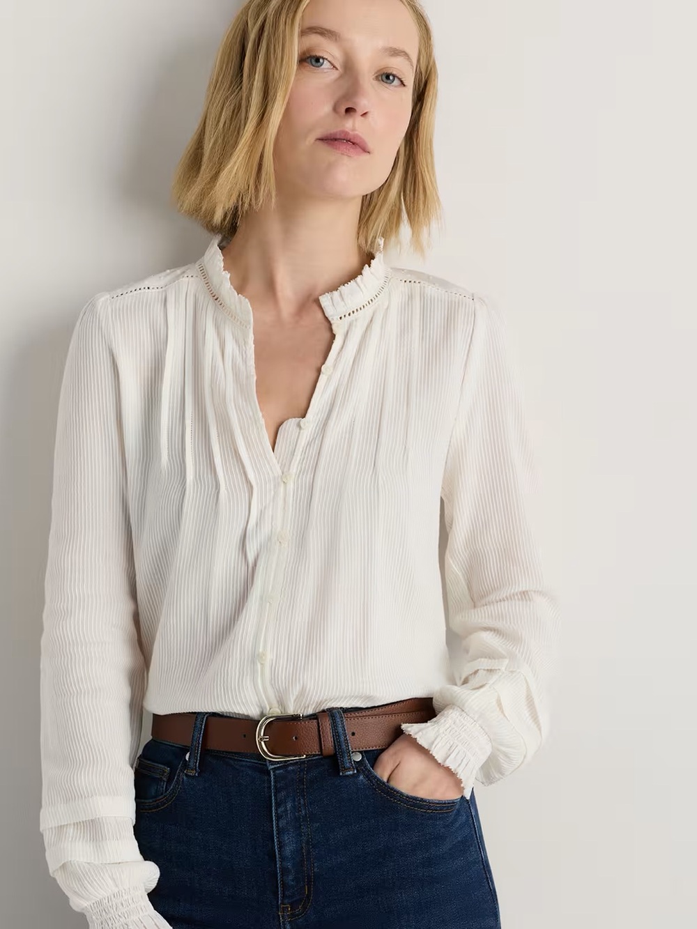 Organic Textured Cotton Peasant Blouse Ruffle Collar | size S